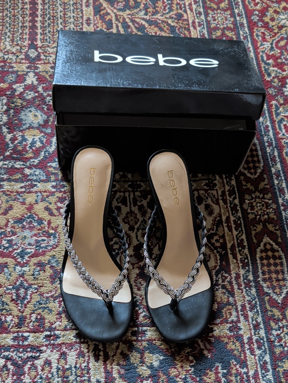 bebe Black Braided Rhinestone Heels